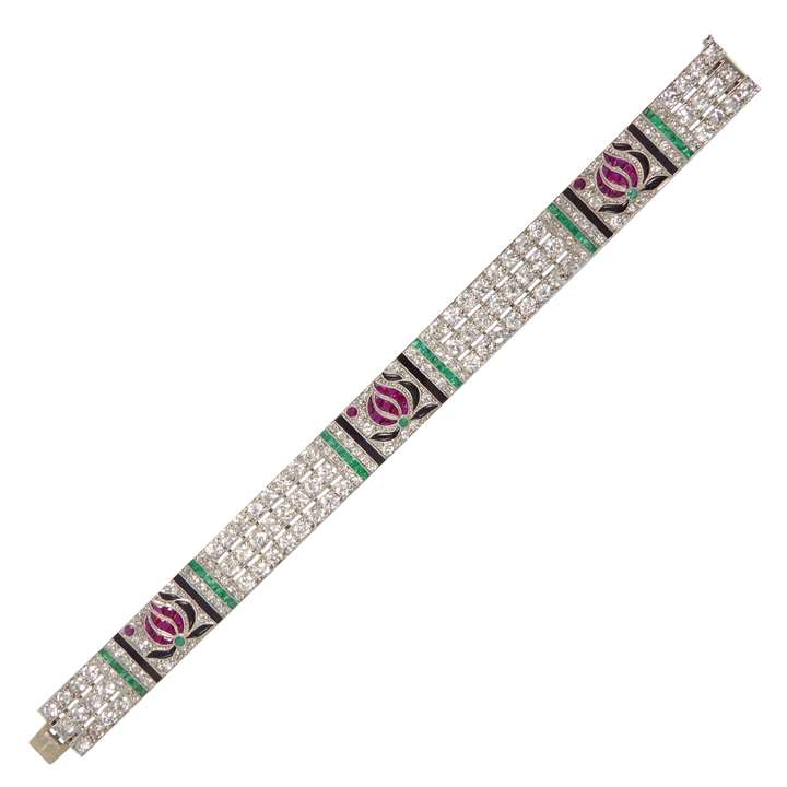 Art Deco diamond and gem set geometric flower strap bracelet